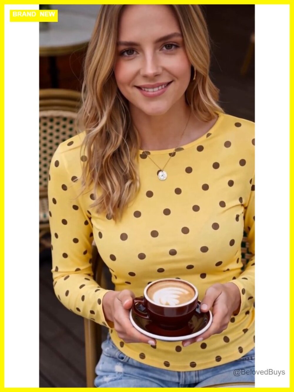 Women's Polka Dot Long Sleeve Boat Neck Slim Fit T-Shirt Soft Stretch Knit - Picture 5 of 5